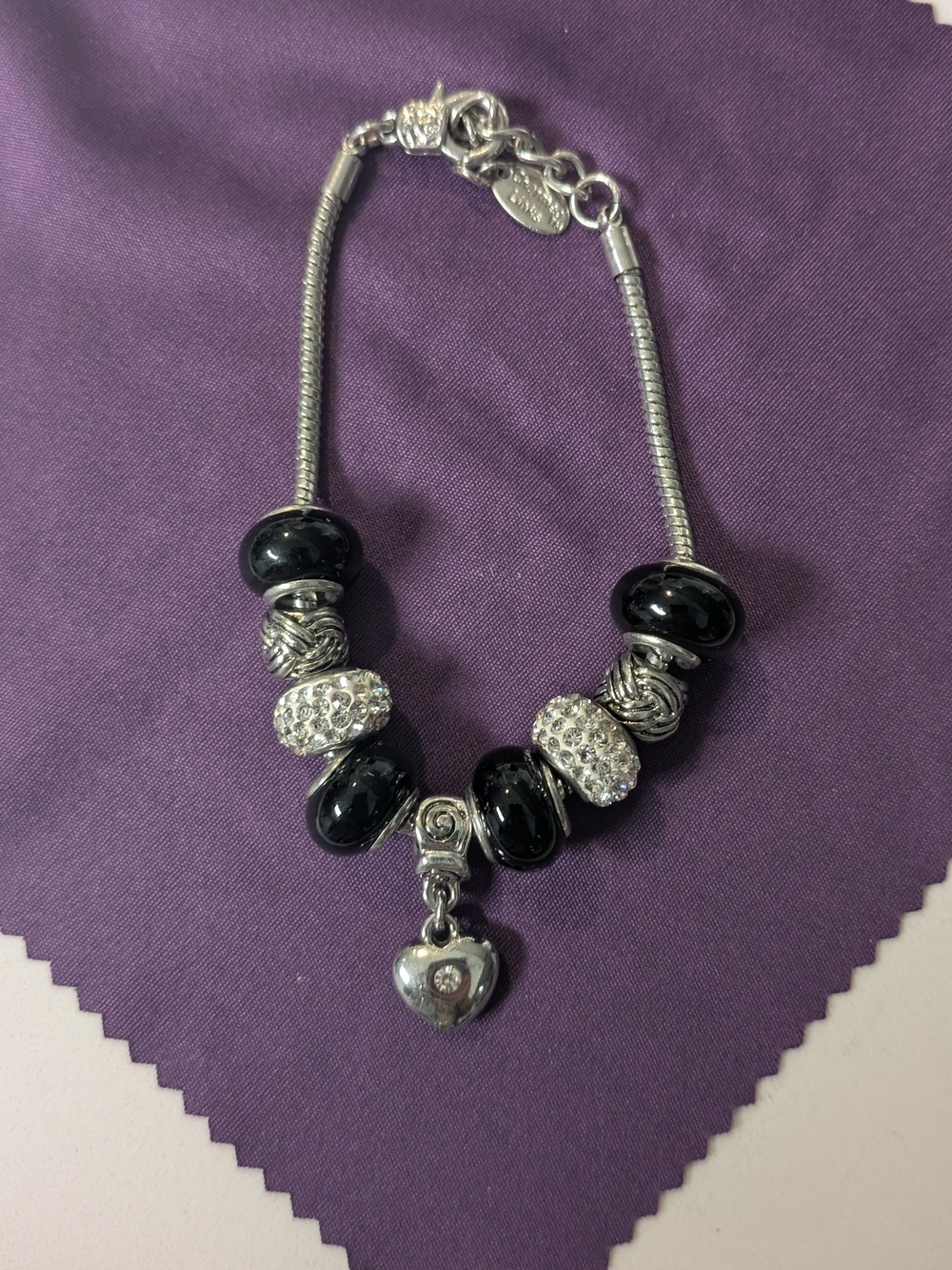 Silver Heart Charm Bracelet with Black Beads
